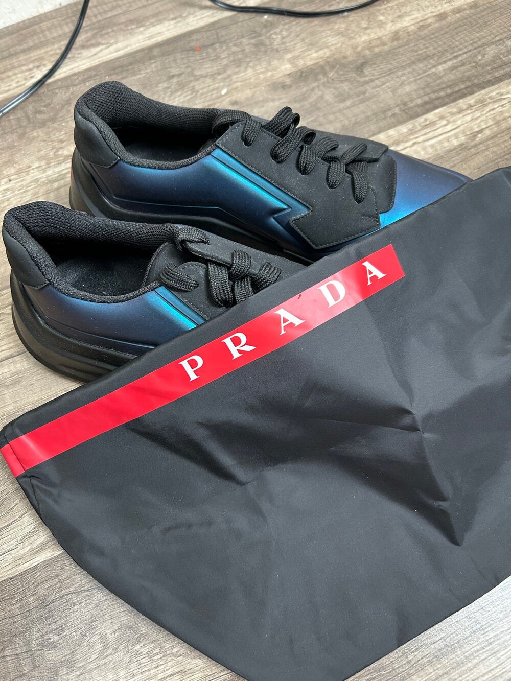 NEW Prada Iridescent Leather Shoes Mens Size 10.5 Blue Designer Luxury Sneakers